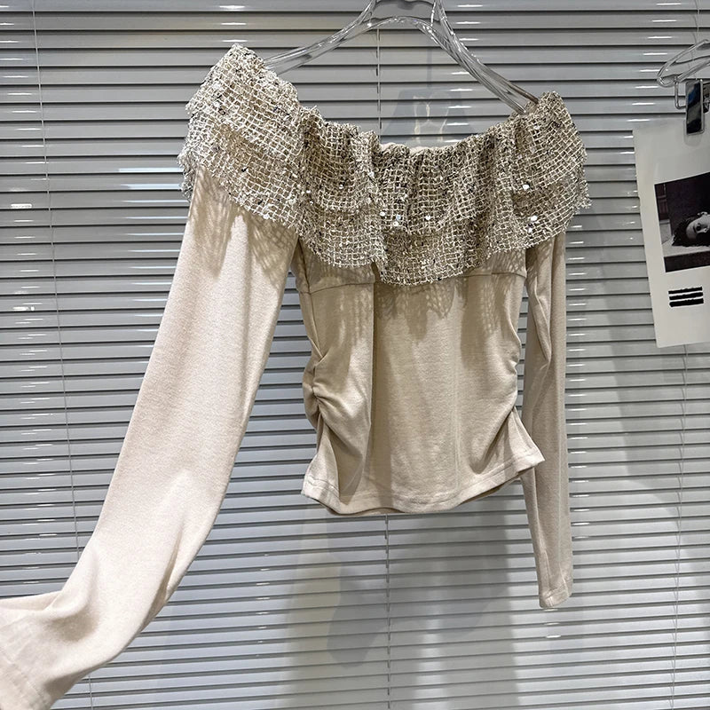 Winter New Fashion Sequin Hollow Layered Collar Long Sleeve T-Shirt For Women Slim Fit Off-shoulder Tops 11A07713