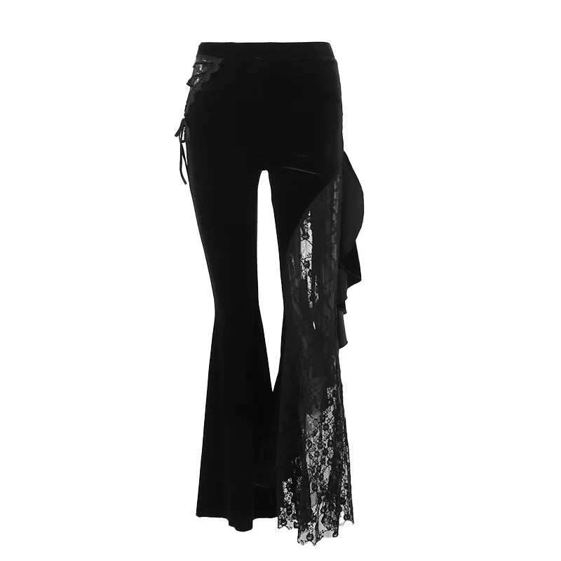 Y2K Gothic Black Lace Mesh Flared Pants Sexy Harajuku Aesthetic See Through Long Trousers Vintage Women Summer Pants Streetwear YL23353