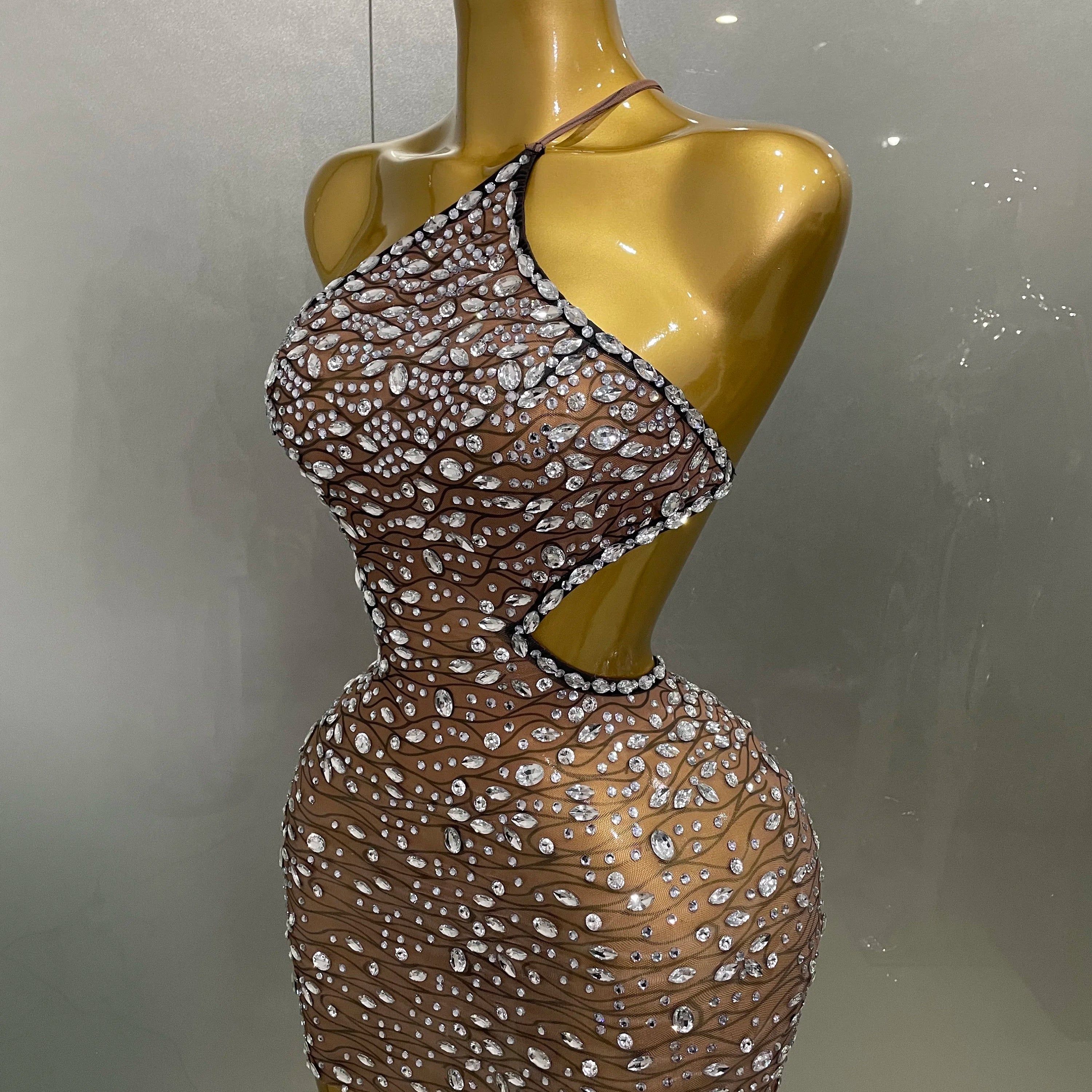 2025 New Sexy Shiny Diamond Hollow Out Backless Short Dress Women Evening Celebrate Prom Birthday Party Nightclub Stage Costume