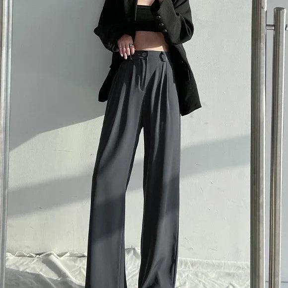 Summer Ice Silk Wide Trousers for Women Loose White Thin Straight Pants Elegant Office Women Baggy Stacked Pants Sweatpants Black