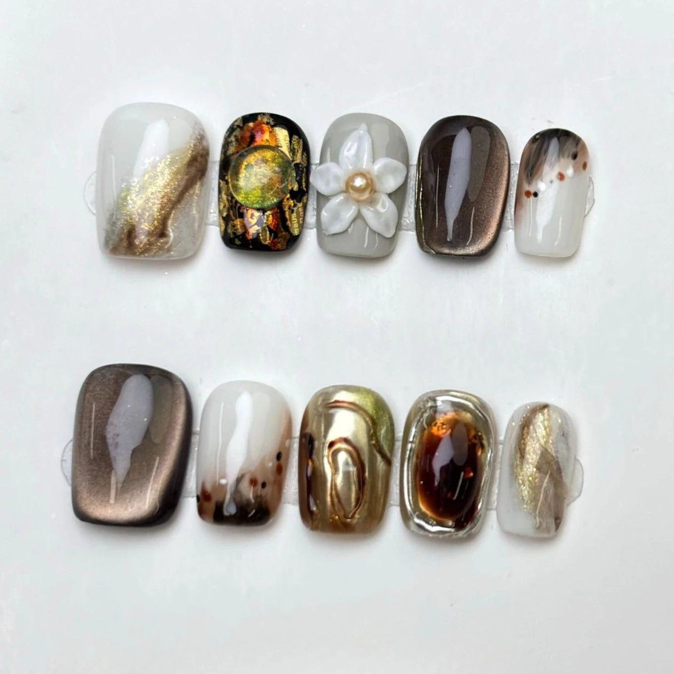 10Pcs Rose Gold Nail Art Full Cover Amber Exquisite 3D Flower Gentle French Short Ballet Spice Fake Nails Reusable Wearable Nail