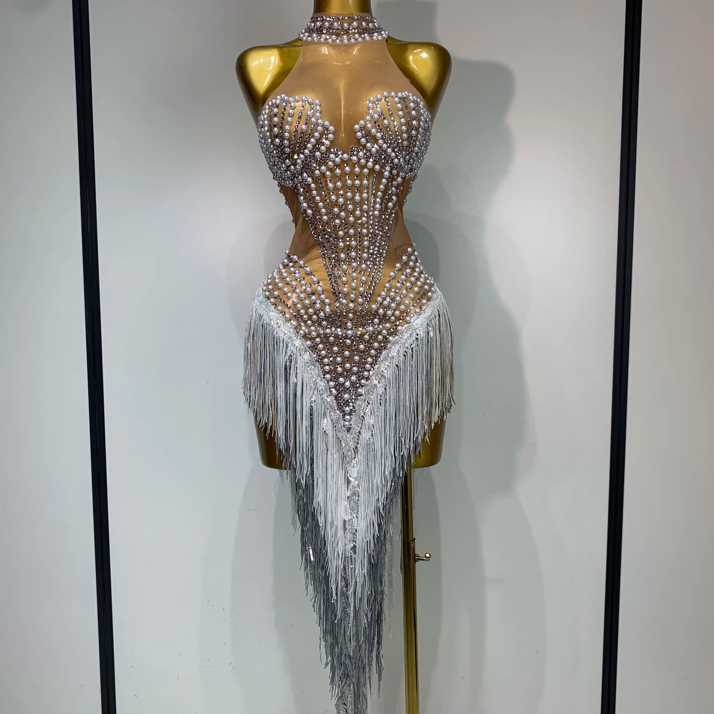Women Sparkly Rhinestones Pearls Tassel Sexy Mesh See Through Dress Latin Dance Outfits Bar Nightclub Party Stage Costume Silver