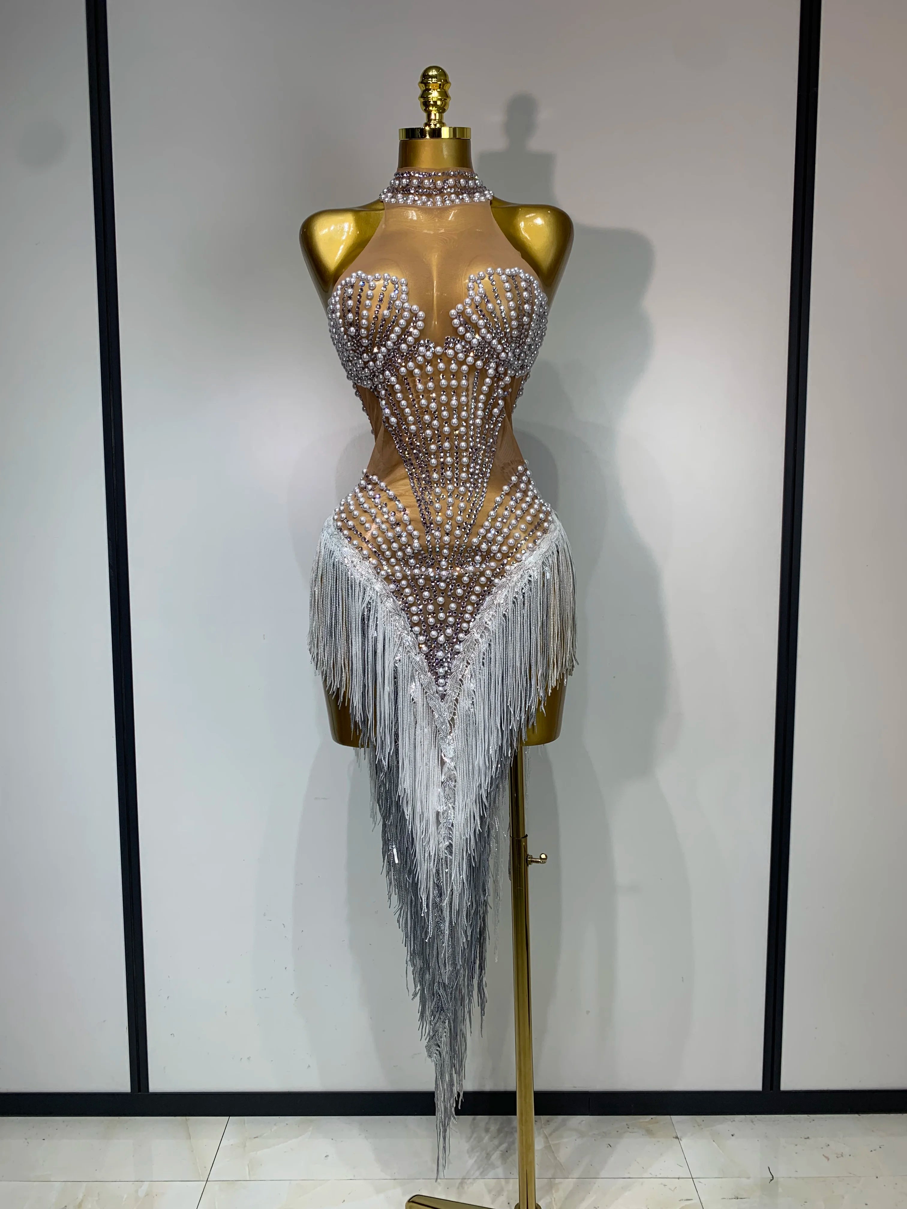 Women Sparkly Rhinestones Pearls Tassel Sexy Mesh See Through Dress Latin Dance Outfits Bar Nightclub Party Stage Costume Silver