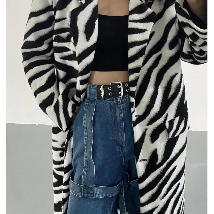 Women Wool Coat Temperament Zebra Pattern Full Sleeve Winter Jacket All Match Outwear Loose Long Overcoat Autum