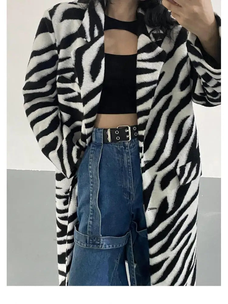 Women Wool Coat Temperament Zebra Pattern Full Sleeve Winter Jacket All Match Outwear Loose Long Overcoat Autum