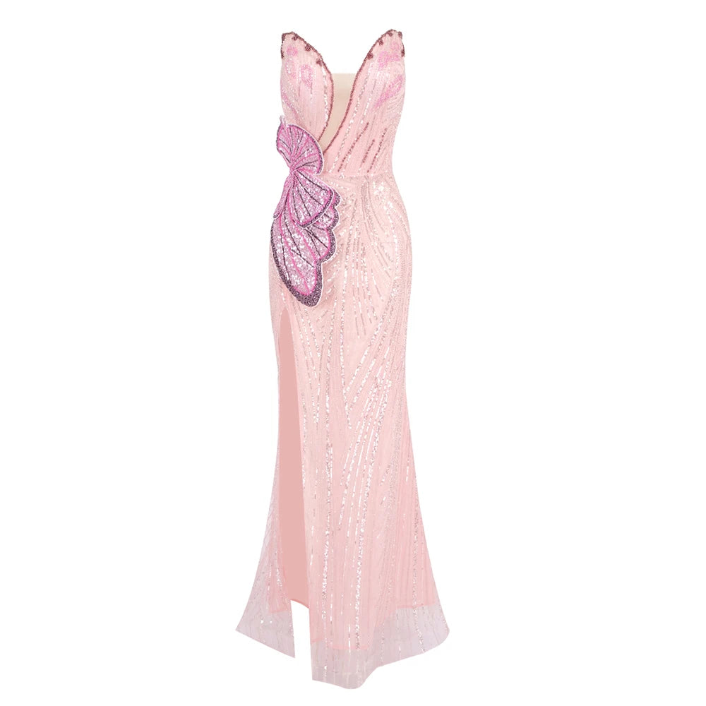 Pink Strapless Mermaid Long Dress Pearls Beaded Structured Flower Detail High Split Mesh Patchwork Bodycon Party Evening Gown Pink