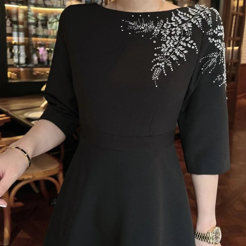Solid Slimming Elegant Dresses for Women Slash Neck Half Sleeves Patchwork Bead Temperament Dress Female Clothing