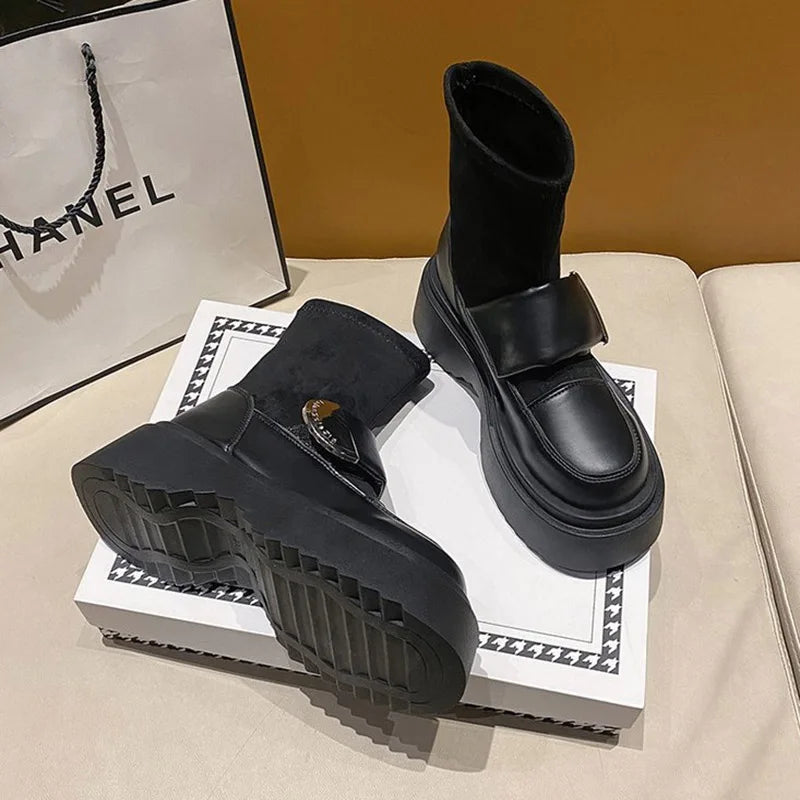 Winter Women Slim Ankle Boots Fashion Slip On Ladies Elegant Platform Flats Short Booties Casual Retro Women's Booties black