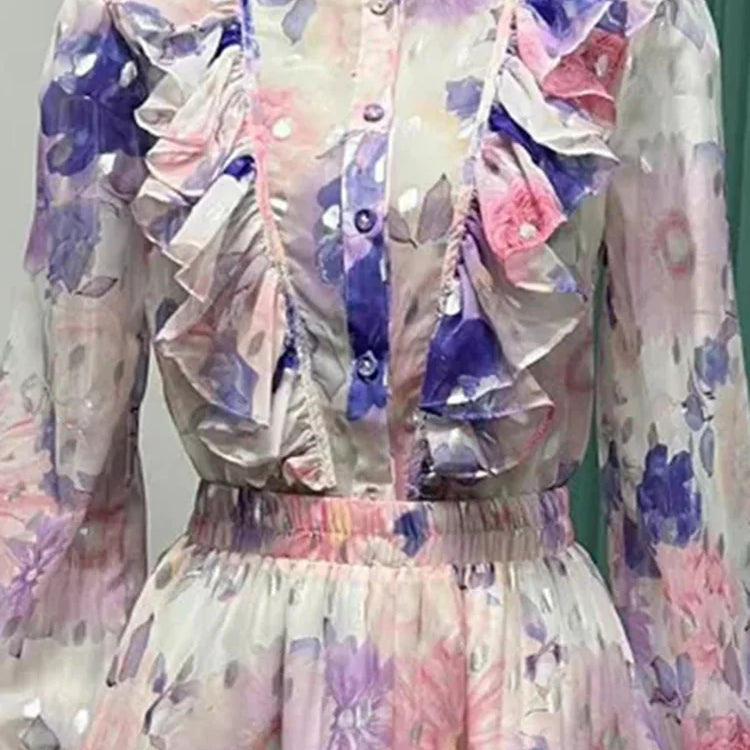 Colorful Two Pieces Set For Women Round Neck Long Sleeve Top High Waist Mini Skirts Summer Mesh Set Female 2024 Clothing New