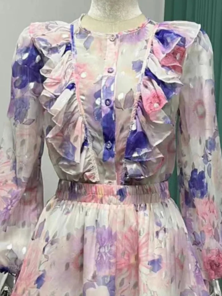 Colorful Two Pieces Set For Women Round Neck Long Sleeve Top High Waist Mini Skirts Summer Mesh Set Female 2024 Clothing New