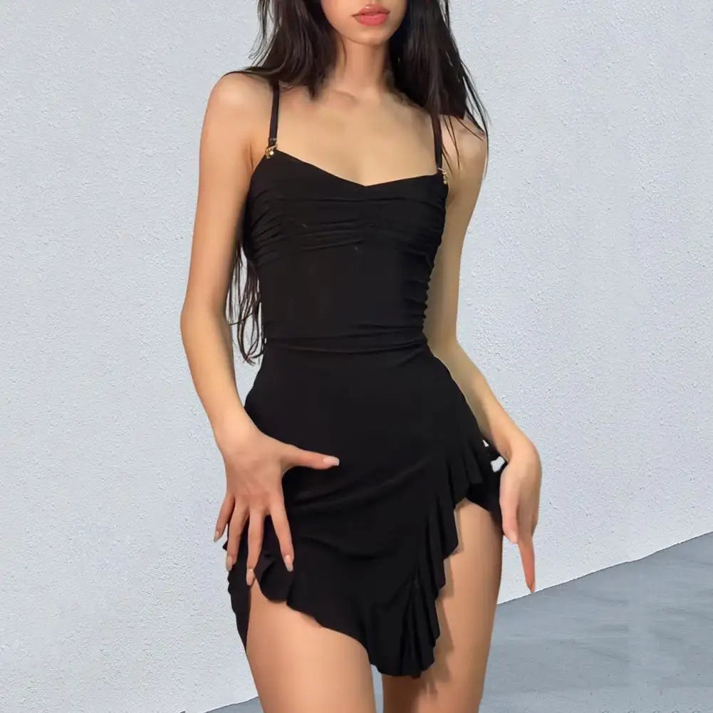 Summer Sexy Mini Dress Women Sleeveless Strap Streetwear Backless Folds Bodycon Split Black Dress Party Elegant A-LINE Dresses