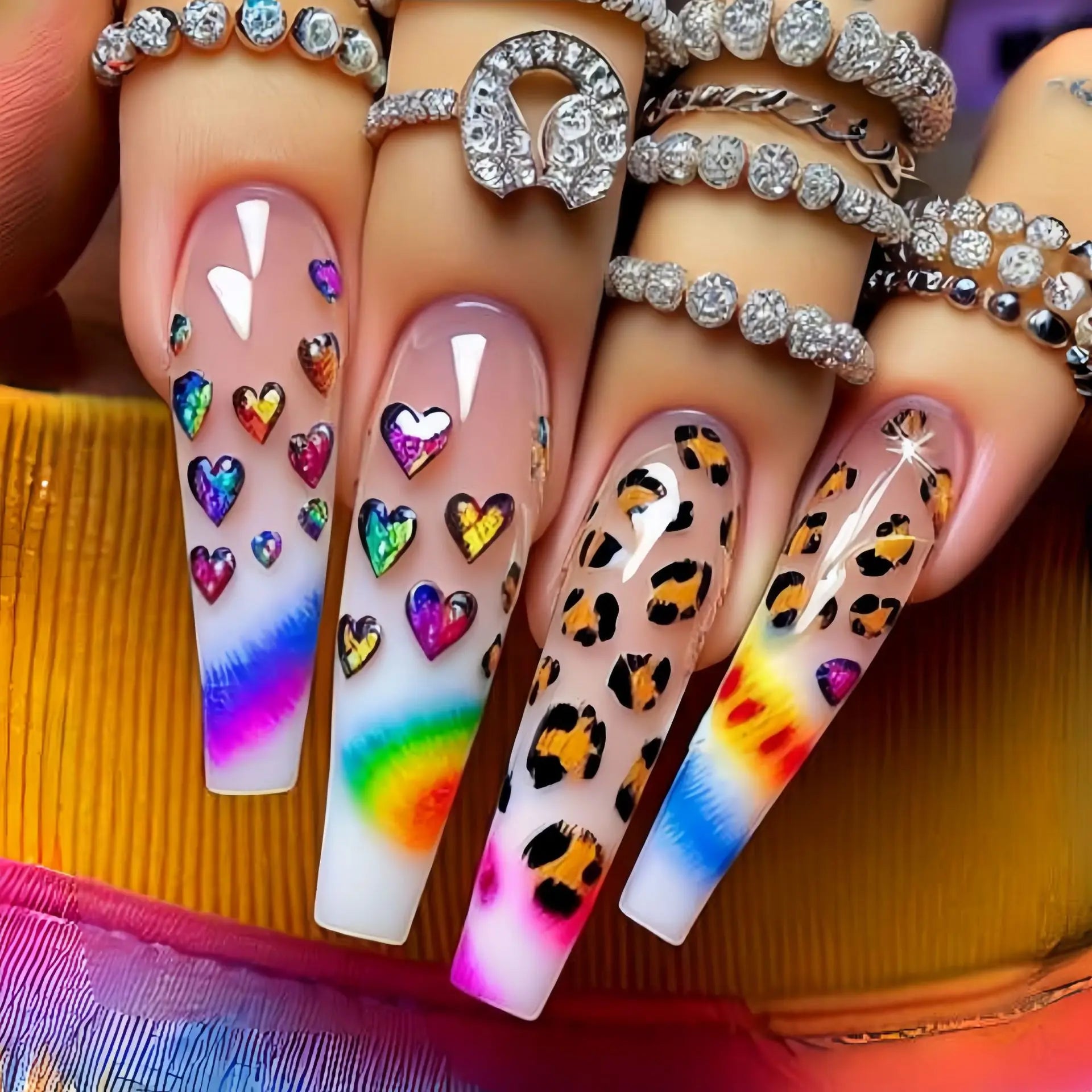 Medium long fake nails for women girls Y2K colorful gradient leopard print Pink green coffee coffin tips press on false nail set 2135