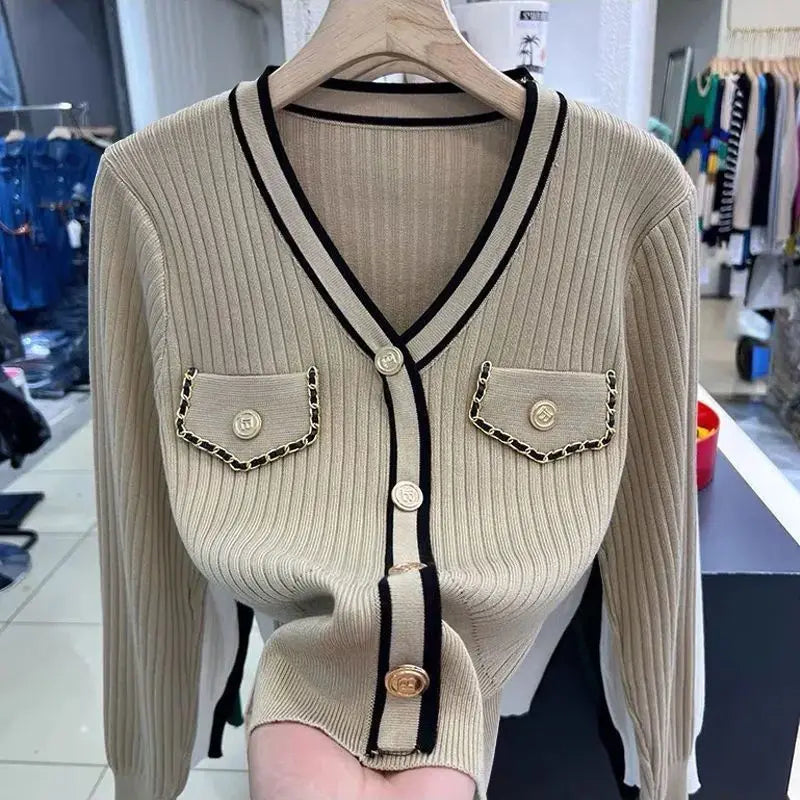 Temperament V Neck Knitting Slim Short Sweaters Spring Autumn New Long Sleeve Button Pullovers Fashion Elegant Women Clothing Khaki