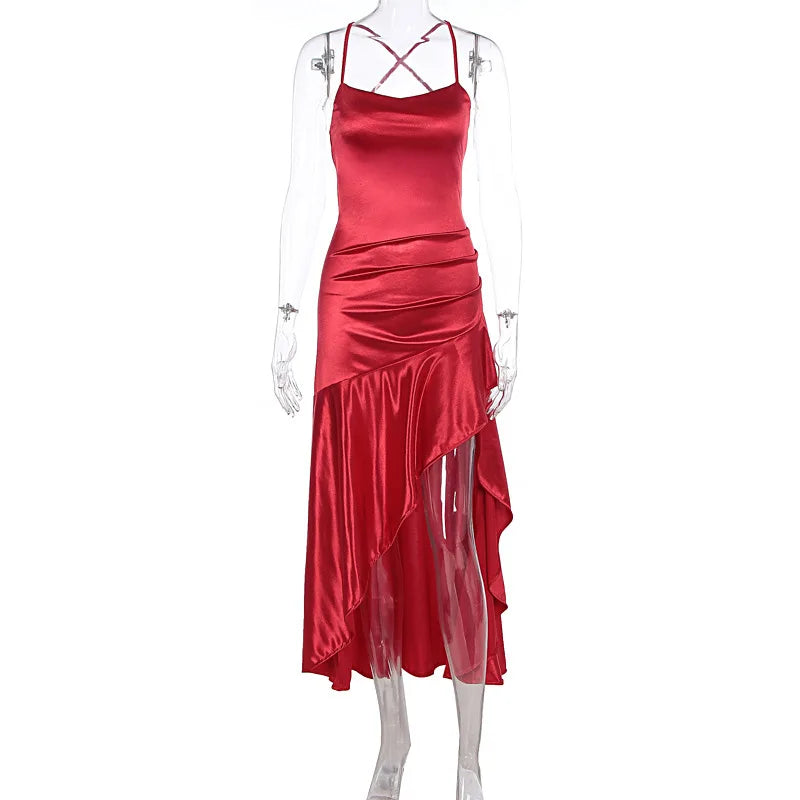 Satin Spaghetti Strap Ruffled Sexy Maxi Dress For Women Gown Red Off-shoulder Sleeveless Backless High Split Long Dress Red