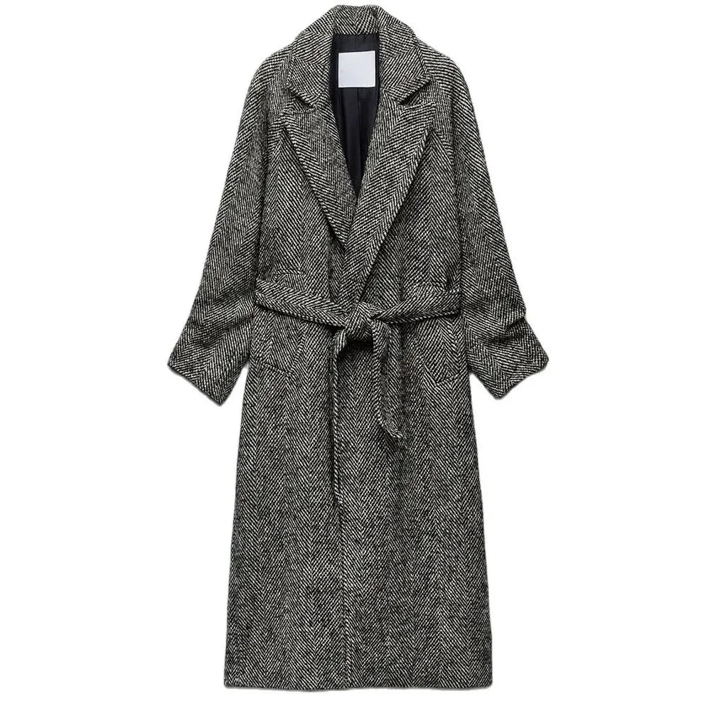 Women's Warm Windbreaker Fall And Winter New Retro Long-Sleeved Classic Jacket Herringbone Twill With Belt Windbreaker Black-S236