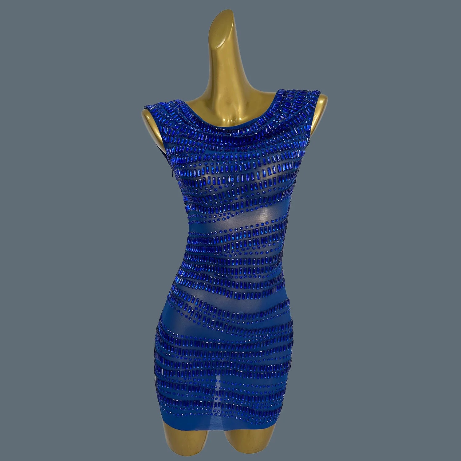 Women Sparkly Crystals Short Dress Sexy Mesh See Through Birthday Party Event Dress Show Stage Wear Performance Costume Yizijian Blue