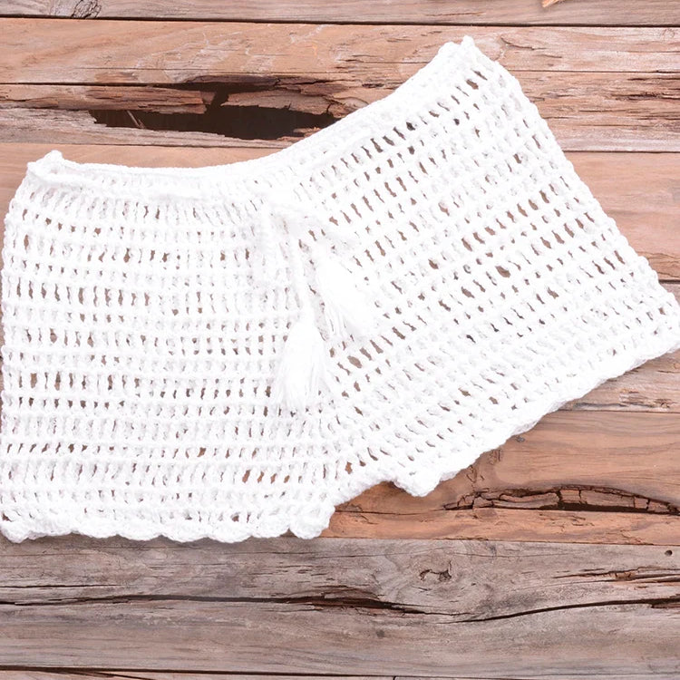Crochet Hollow Out Tassel Beach Cover Up Sexy Women Mini Tops Beachwear Bikini Swimwear Bathing Suit Cover Up White Bottom One Size