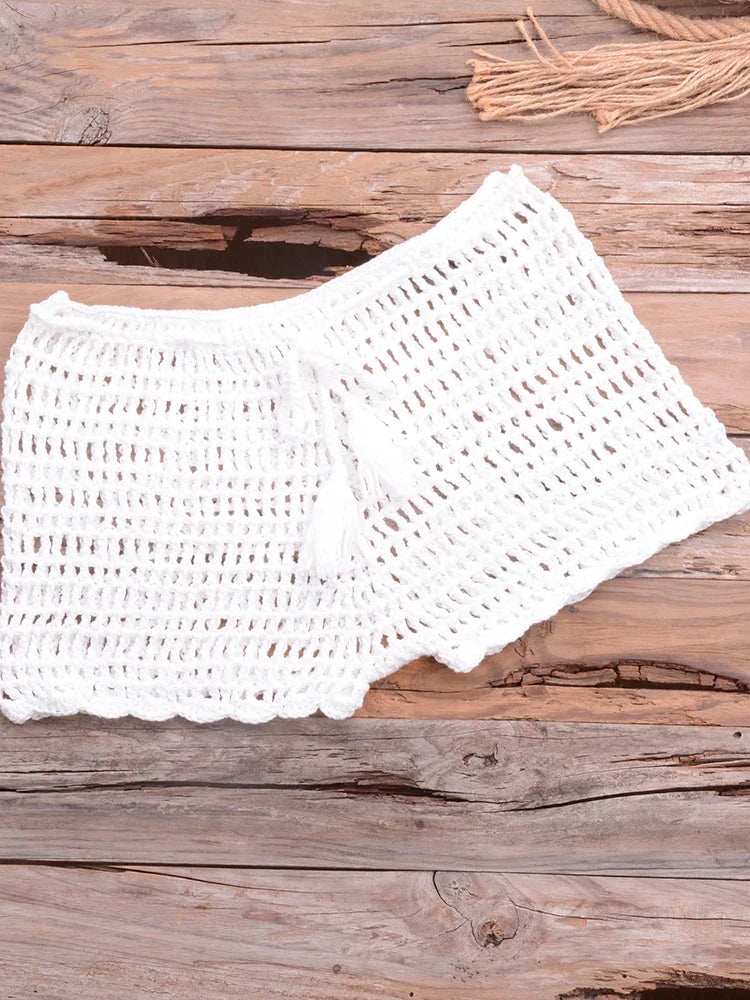 Crochet Hollow Out Tassel Beach Cover Up Sexy Women Mini Tops Beachwear Bikini Swimwear Bathing Suit Cover Up White Bottom One Size