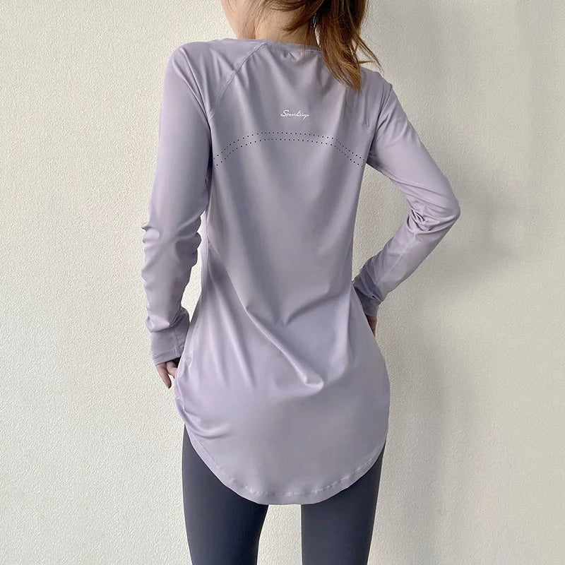 Xlwsbcr Long Sleeve Tees Sport Top Women Shirts Cover Hip Gym Shirt Fitness Fitted Tops Quick Dry Blouses Running Pilates Wear CX407 purple