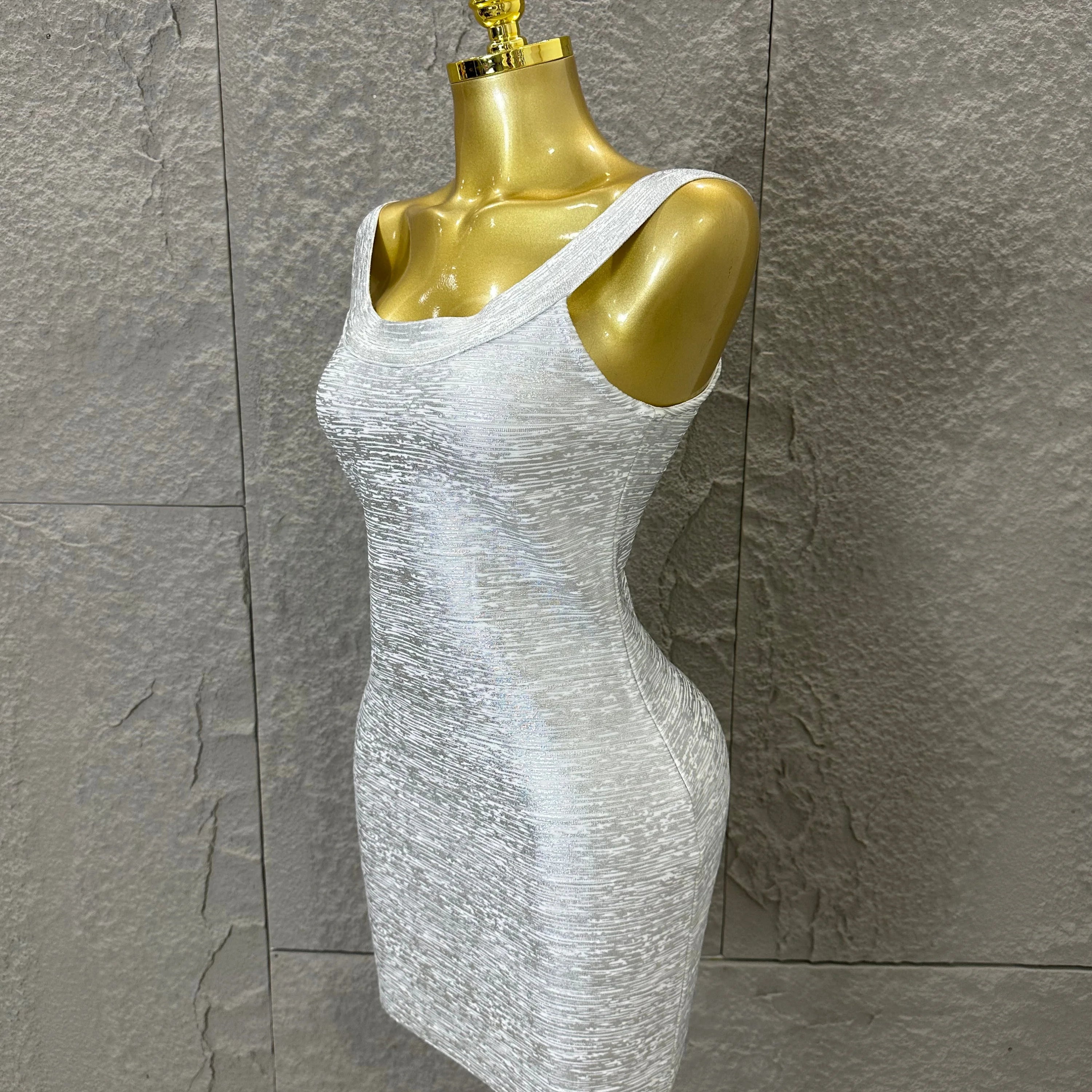 Women Sexy Elegant 2026 Silver Gold Metallic Bandage Mini Dress Women Sleeveless Bodycon Formal Event Cocktail Party Costume