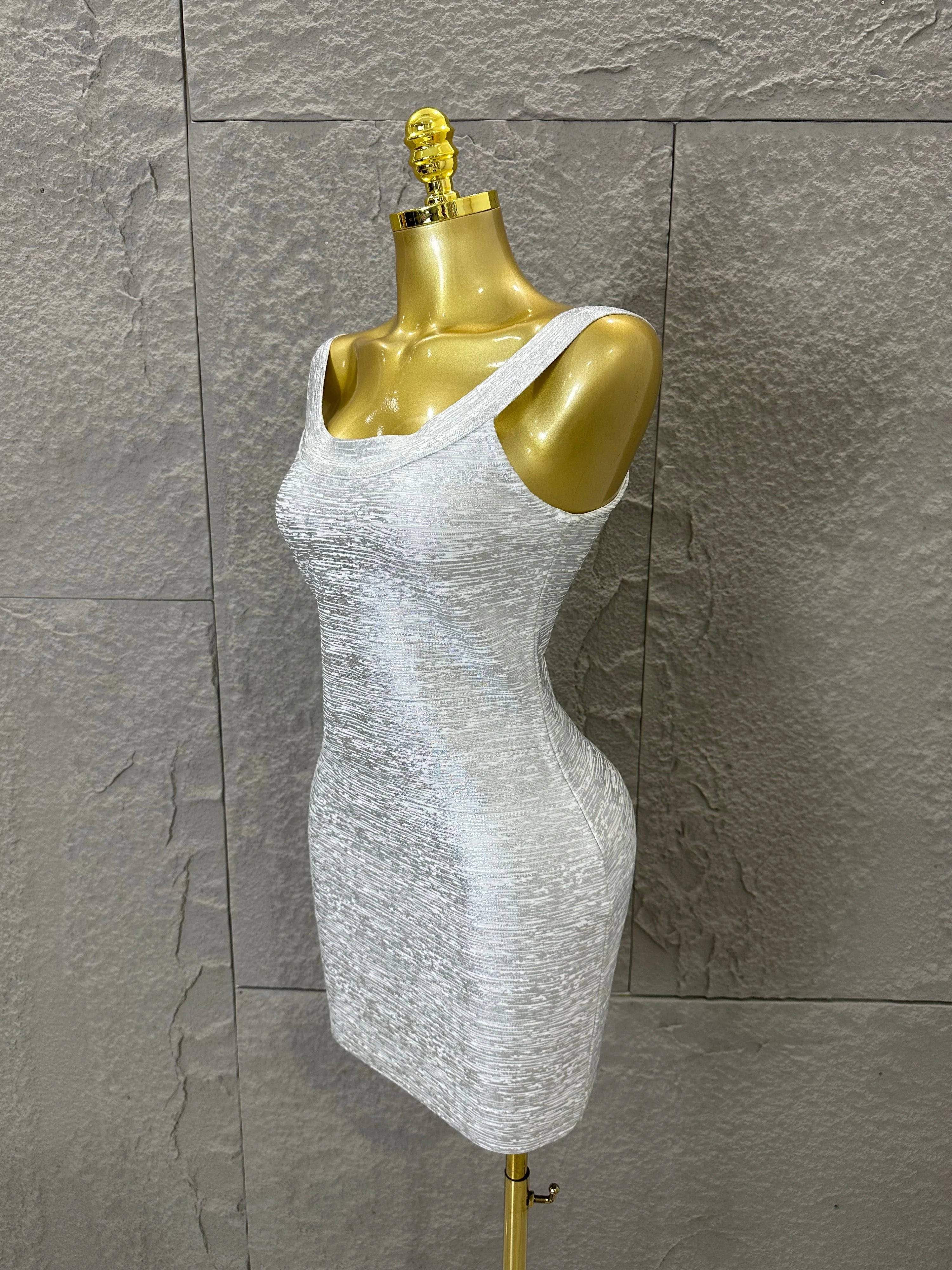 Women Sexy Elegant 2026 Silver Gold Metallic Bandage Mini Dress Women Sleeveless Bodycon Formal Event Cocktail Party Costume