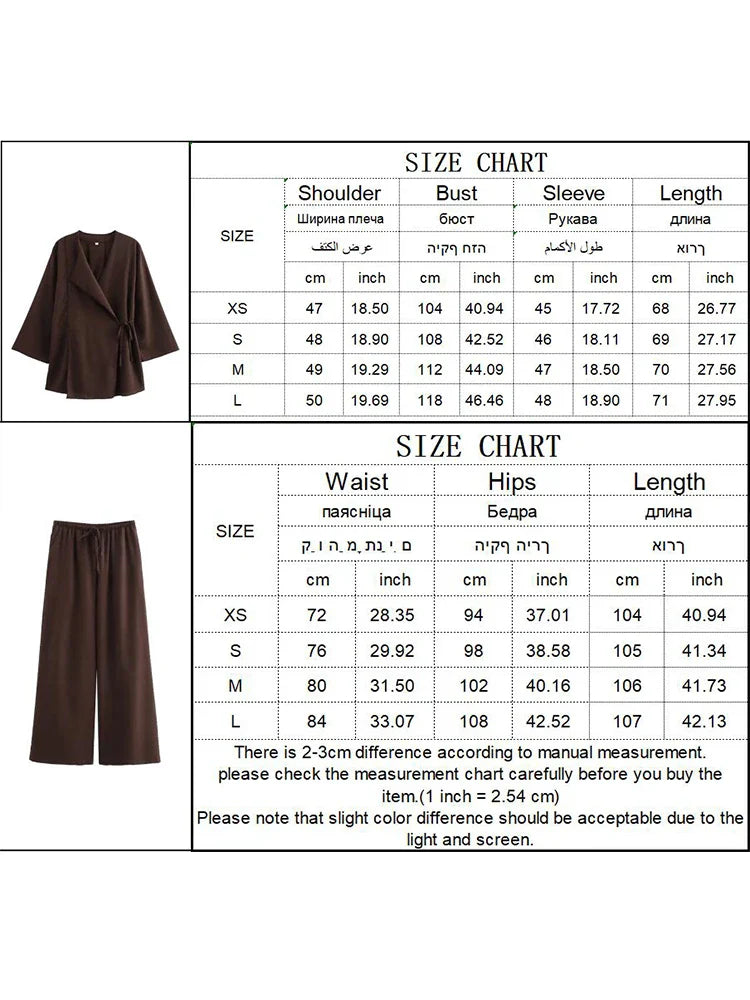 TRAF Fashion Linen 2 Pieces Women 2024 Spring Summer Kimono Style Loose Lace Up Shirts Tops Women's Wide Leg Pants Sets