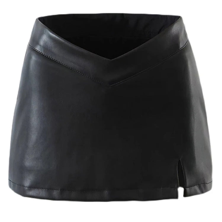Lautaro Black Soft Stretchy Lightweight Pu Leather Mini Skirt Women with Slit Low V Waist Sexy Short Summer Luxury Chic Clothes
