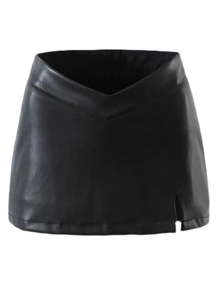 Lautaro Black Soft Stretchy Lightweight Pu Leather Mini Skirt Women with Slit Low V Waist Sexy Short Summer Luxury Chic Clothes