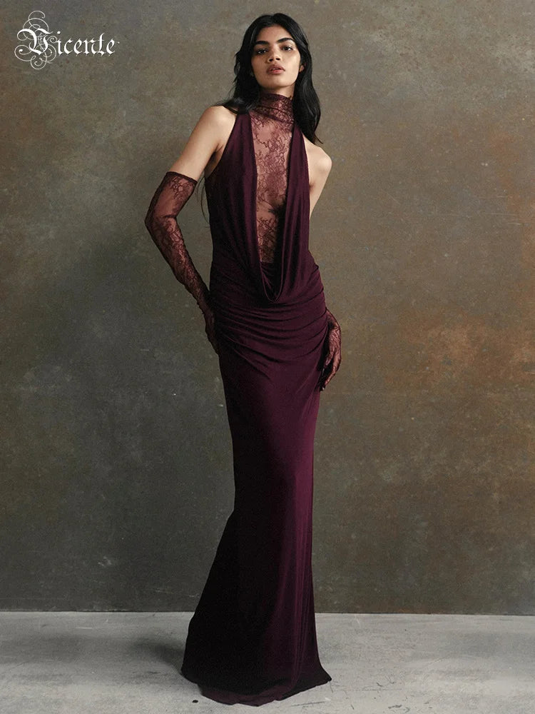 Sexy Turtleneck Lace Patchwork Long Dress Women Sleeveless Backless Pleated Celebrity Evening Party Gowns with Gloves