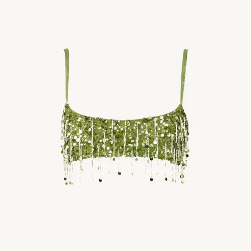 Y2K Tassel Sequin Mini Skirt Sets Women Crop Backless Sling Vest Short Hip Package A-line Skirts 2025 Summer Party Club Outfits green top