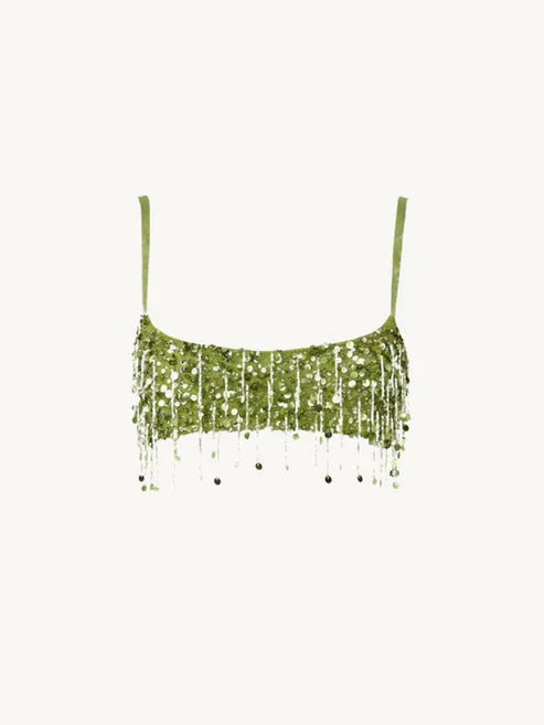 Y2K Tassel Sequin Mini Skirt Sets Women Crop Backless Sling Vest Short Hip Package A-line Skirts 2025 Summer Party Club Outfits green top