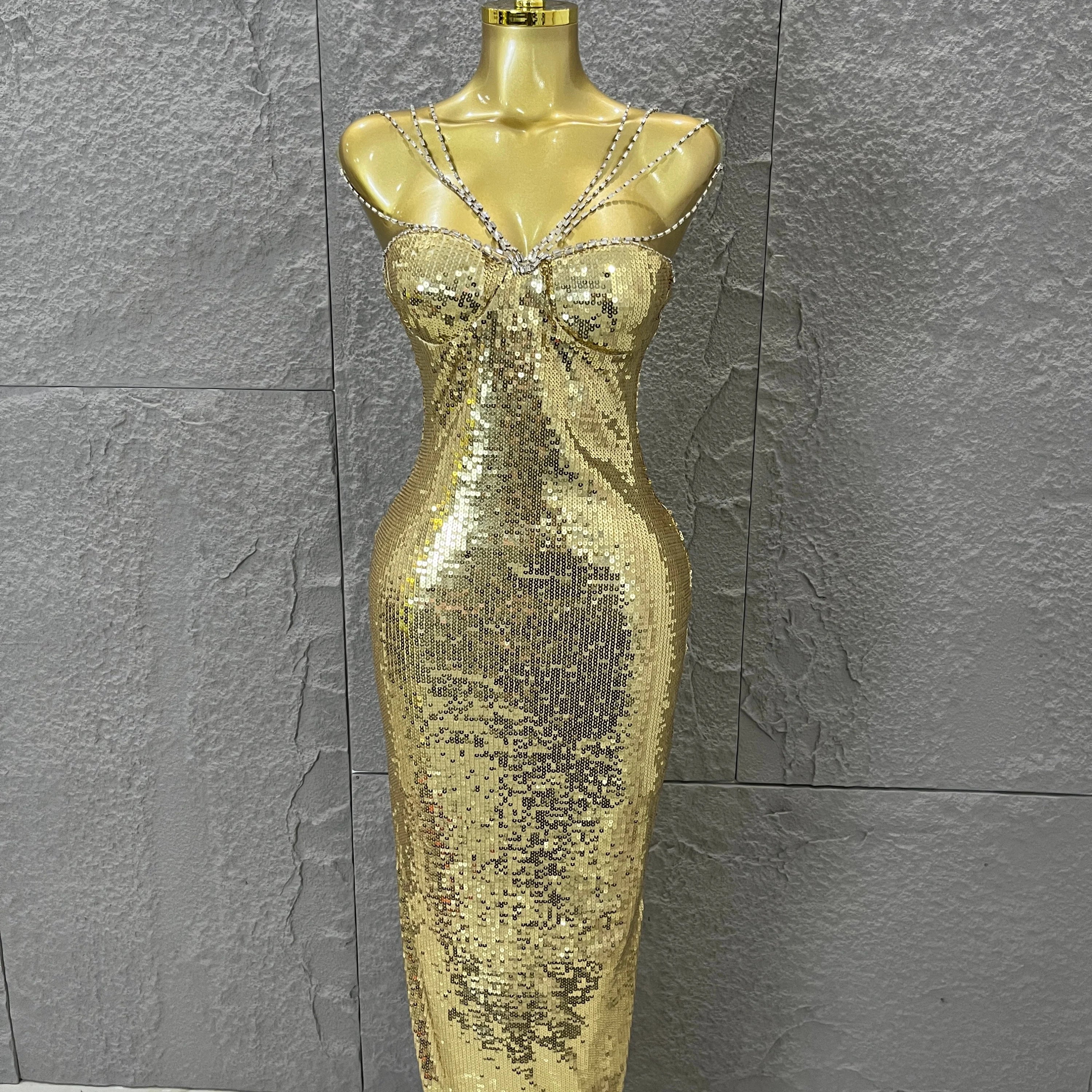 Classic Gold Sequin Mermaid Dress Rhinestone Chain Shoulder Straps Sweetheart Neck Formal Evening Gala Photoshoot Cocktail Party