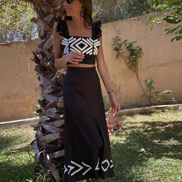 Fashion Sleeveless Short Top Skirt Set For Women Slim High Waisted Pattern Female Skirts Suit Casual Beach Holidays Prom Gowns Black