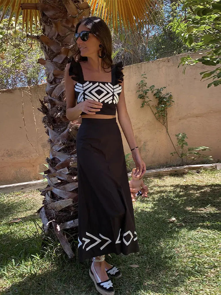 Fashion Sleeveless Short Top Skirt Set For Women Slim High Waisted Pattern Female Skirts Suit Casual Beach Holidays Prom Gowns Black