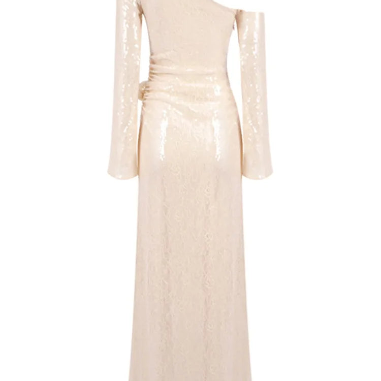 Chic Luxury Women Celebrity Sexy One Shoulder Beige Mesh Sequins Maxi Long Gowns Dress 2025 Elegant Evening Party Club Vestido