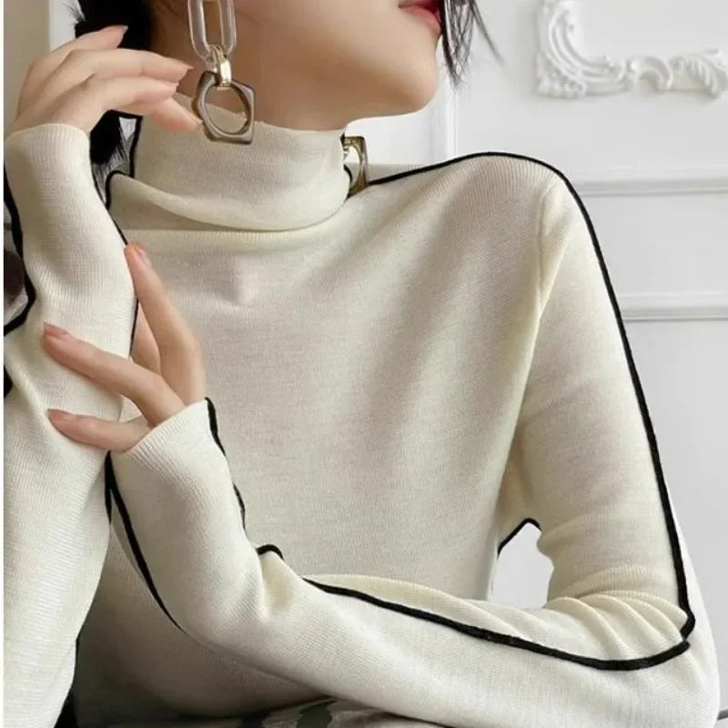 New Fashion Turtleneck Pullovers Women Autumn and Winter Slim Fit Long Sleeved Top Elegant Office Lady Sweaters Black White 2024 Beige One Size