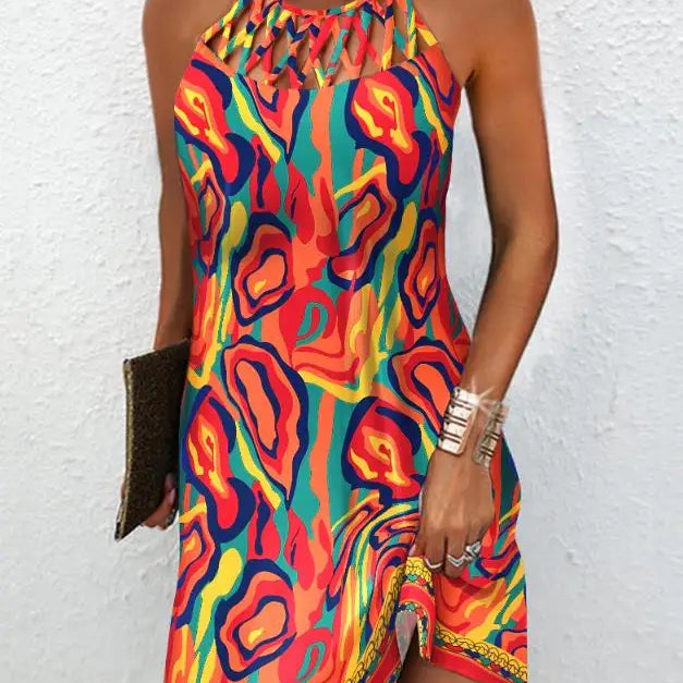 Fashion Women's Straight Dress 2023 Summer Vacation New Multicolor Abstract Print Hollow Casual Mini Sleeveless Dress Female A