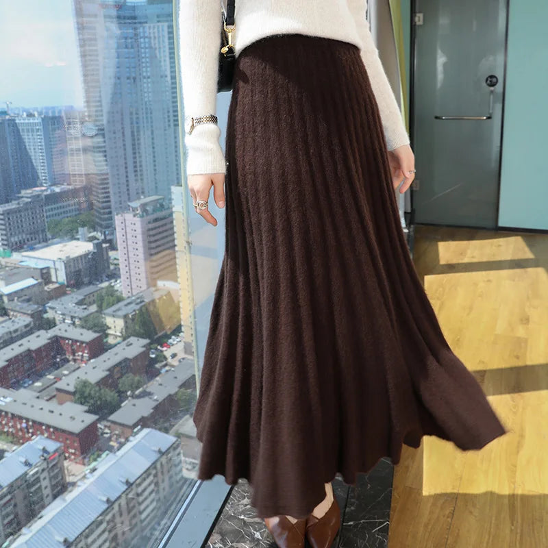 Autumn And Winter Fashion Mink Cashmere Mid Length High Waist Skirt For Women, Knitted Umbrella Skirt, Fashionable Pleated Skirt Coffee