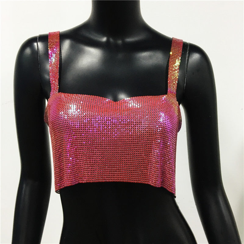 Sexy Metal Sequin Tank Top For Women y2k Summer Beach Backless Crop Top Rave Festival Club Outfits Camisole