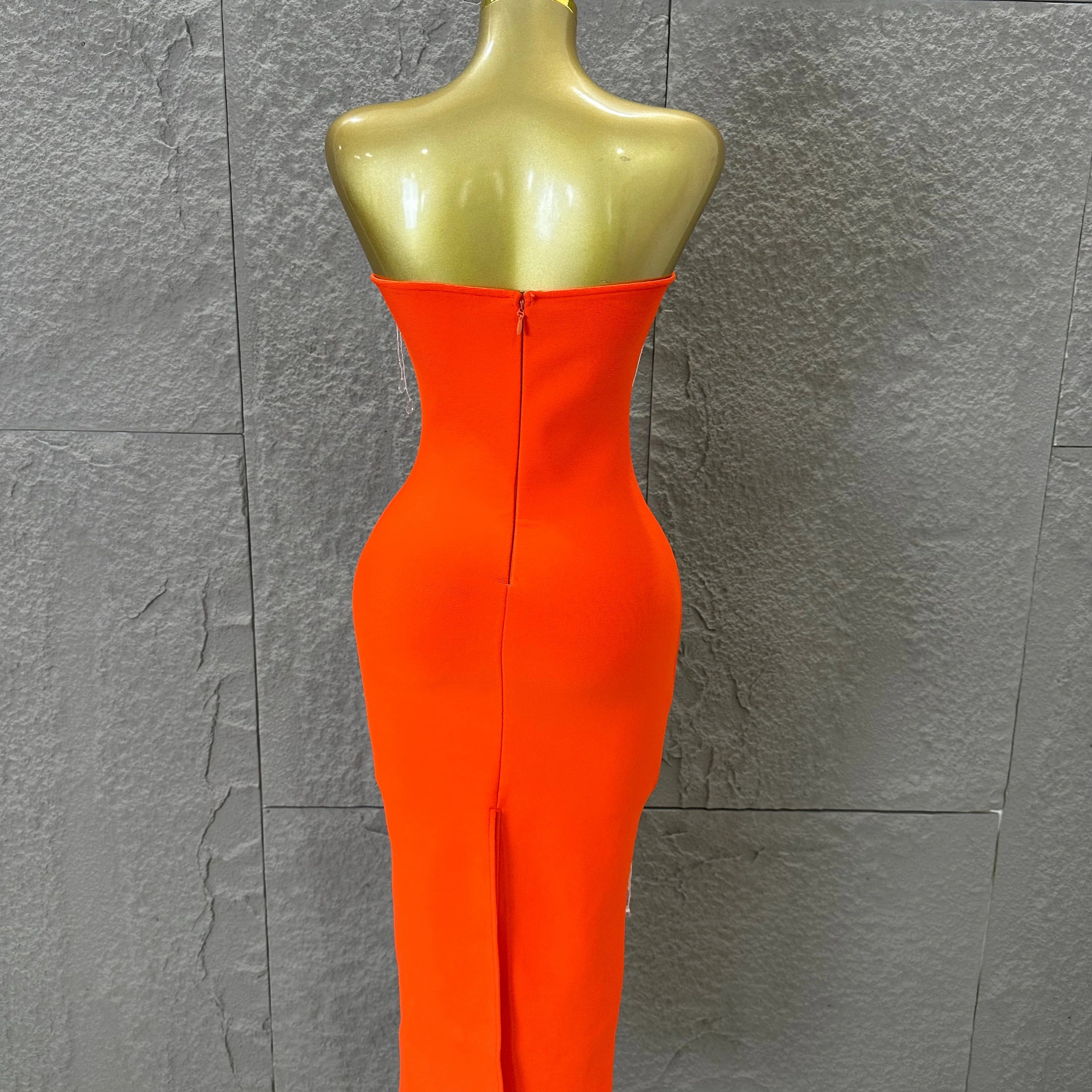 Elegant Orange Crystal Tassel Midi Dress Women Sexy Strapless Rhinestone Fringe Bodycon Slim-fit Outfit Evening Gala Costume