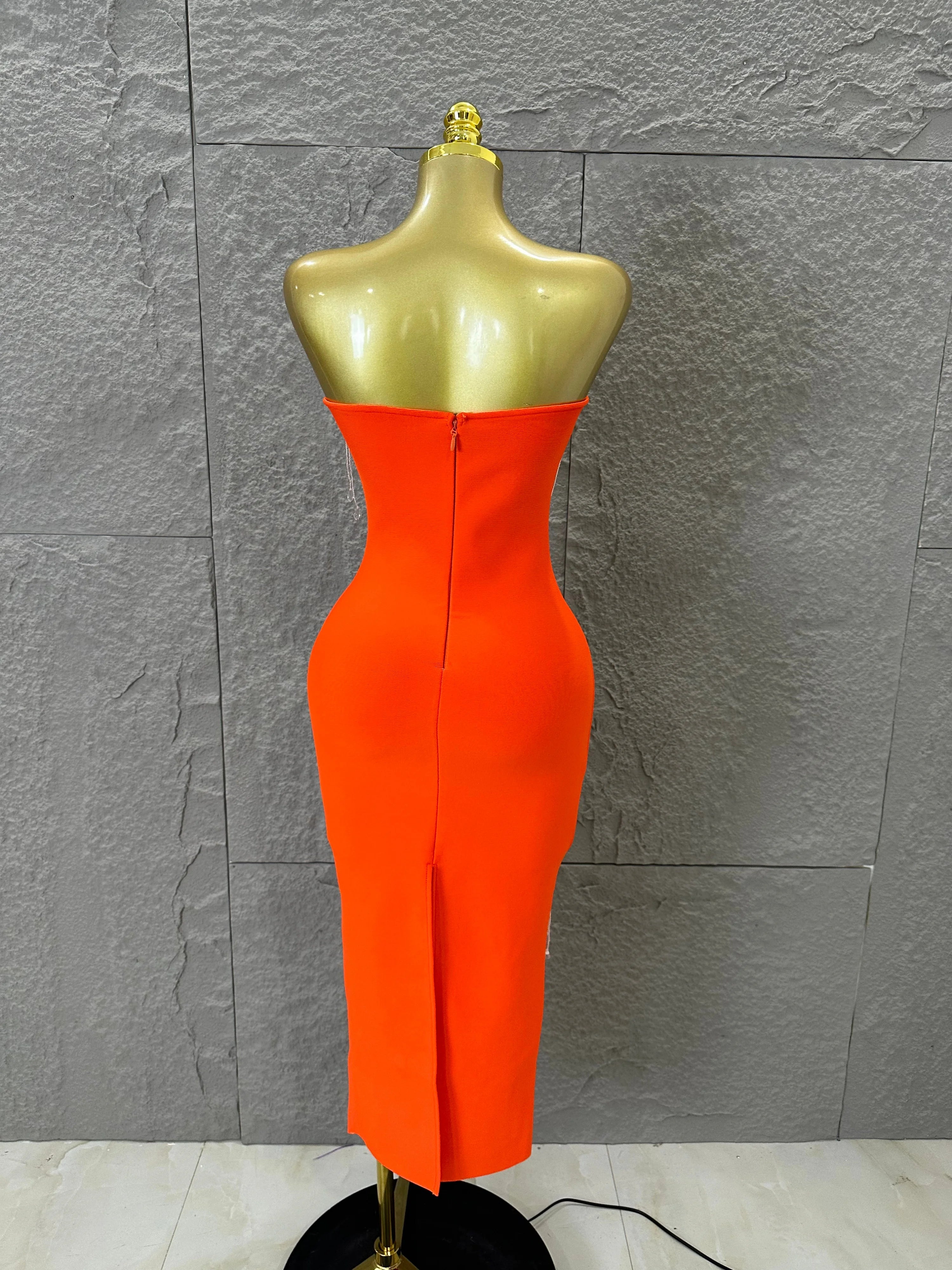 Elegant Orange Crystal Tassel Midi Dress Women Sexy Strapless Rhinestone Fringe Bodycon Slim-fit Outfit Evening Gala Costume
