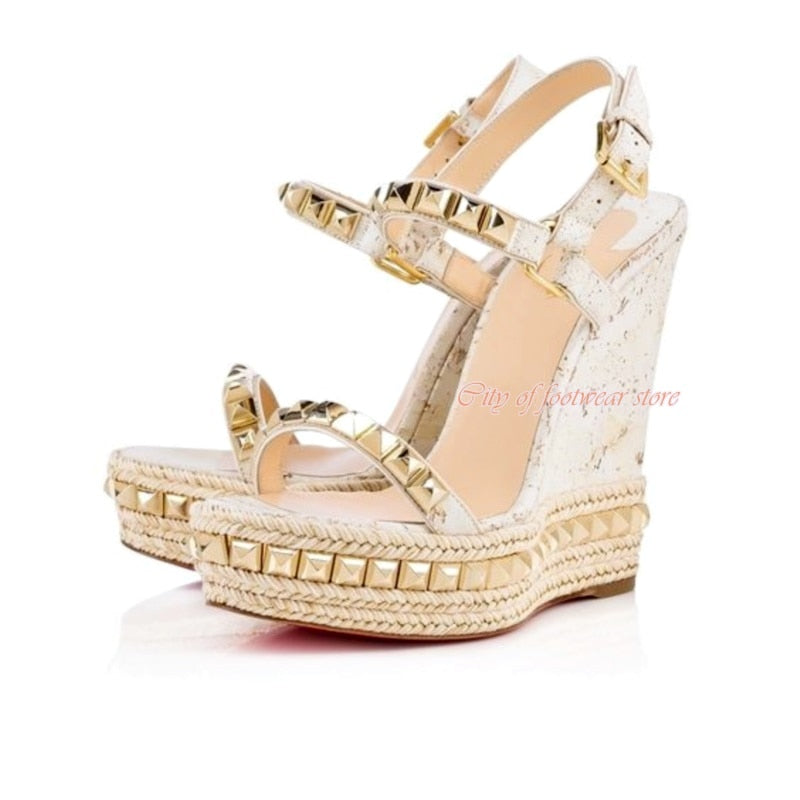 Women&#39;s Open Toe Platform Stud Espadrille Wedges Sandals Ankle Strap High Heeled Pump Luxury Designer Summer Beach Shoes Red as photo 3