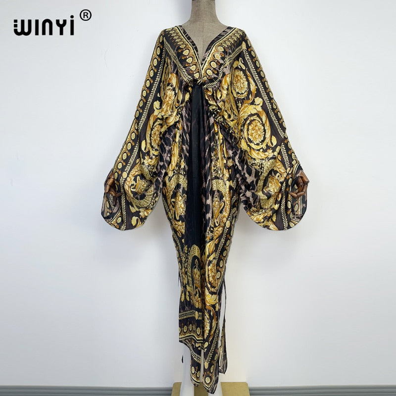 Sexy bech high-quality hand-rolled feel silk rayon fashion print 2024 WINYI Maxi Women's robes long beach V-neck Bohemian dress 21 One Size