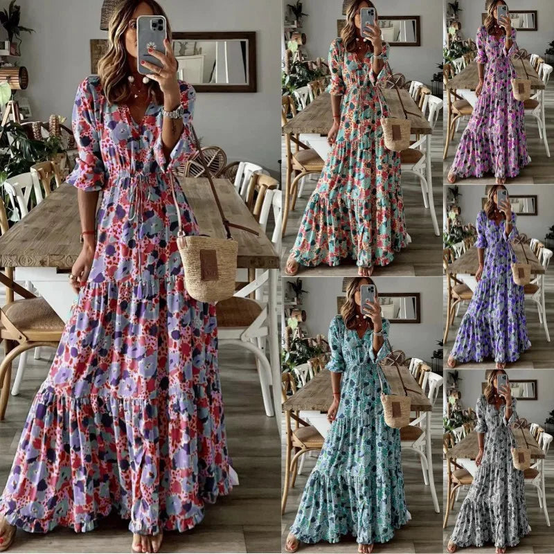 Spring Autumn Flower Print Long Dresses For Women Casual Holiday A-line Beach Dress Fashion Elegant Bohemian Style Maxi Vestidos