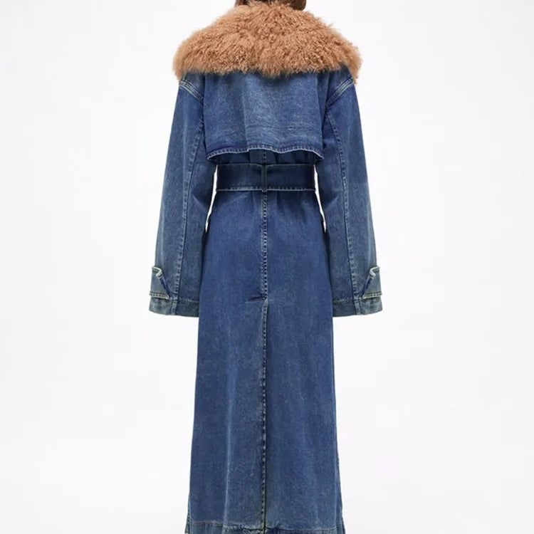 Colorblock Patchwork Lace Up Denim Coat For Women Fur Collar Long Sleeve Loose Casual Trench Female Fashion Style