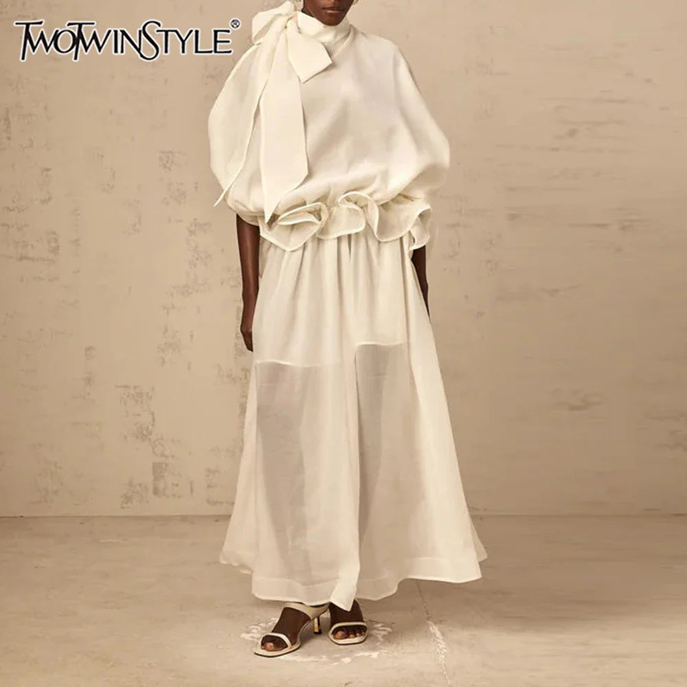 Solid Loose Spliced Bow Tunic Dresses for Women Half High Neck Short Sleeves Patchwork Ruffles Dress Female Clothes