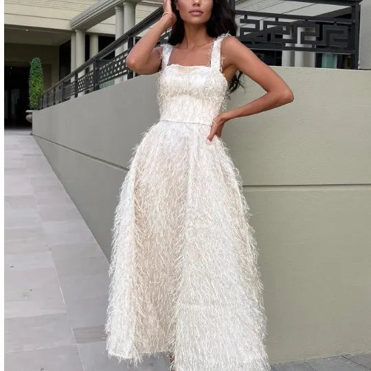 Stylish Spaghetti Strap Swing Dress For Ladies Elegant Off Shoulder Sleeveless Black Dresses Women Nightclub Party Vestidos white