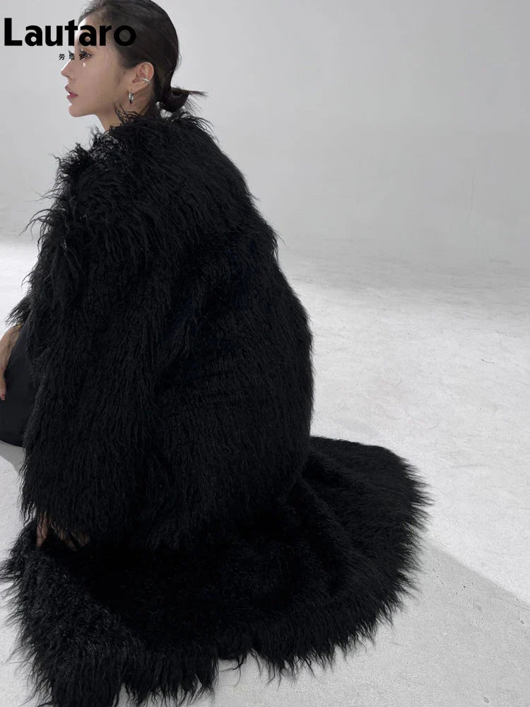 Winter Long Black Hairy Shaggy Thick Warm Soft Fluffy Faux Fur Coat Women Sashes Luxury Designer Overcoat Runway Fashion