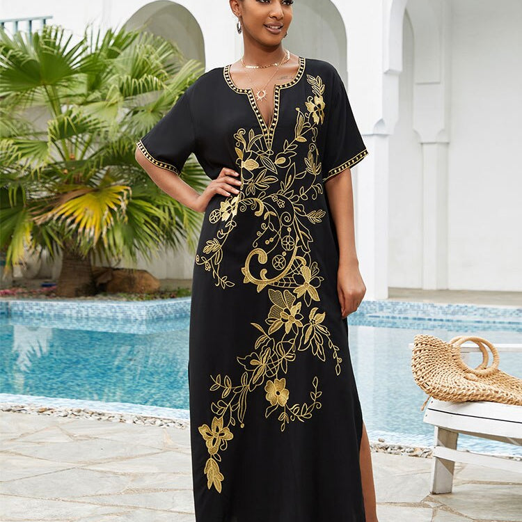 Vintage Embroidery Kaftan Sexy V-neck Batwing Sleeve High Waist Maxi Dress Tunic Women Clothing Summer Beach Dresses Q660 Q1544 One Size