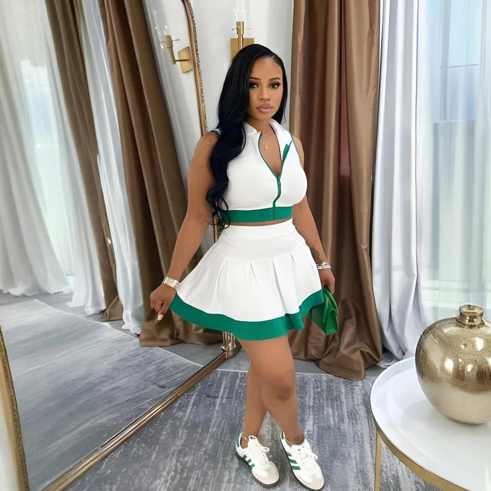 CM.YAYA Women's Set Sleeveless V-neck Vest  + Pleated Skirts 2025 Summer Cute Street Beach Two 2 Piece Sets Outfits Tracksuit